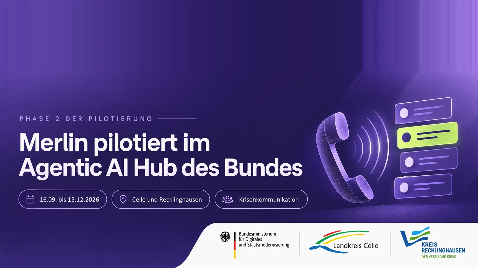 Projektbanner „Phase 2 der Pilotierung – Merlin pilotiert im Agentic AI Hub des Bundes“ mit den Angaben 16.09. bis 15.12.2026, Celle und Recklinghausen sowie Krisenkommunikation. Rechts ein Telefonhörer, dessen Schallwellen in geordnete Informationskarten übergehen; unten die Logos des Bundesministeriums für Digitales und Staatsmodernisierung, des Landkreises Celle und des Kreises Recklinghausen.