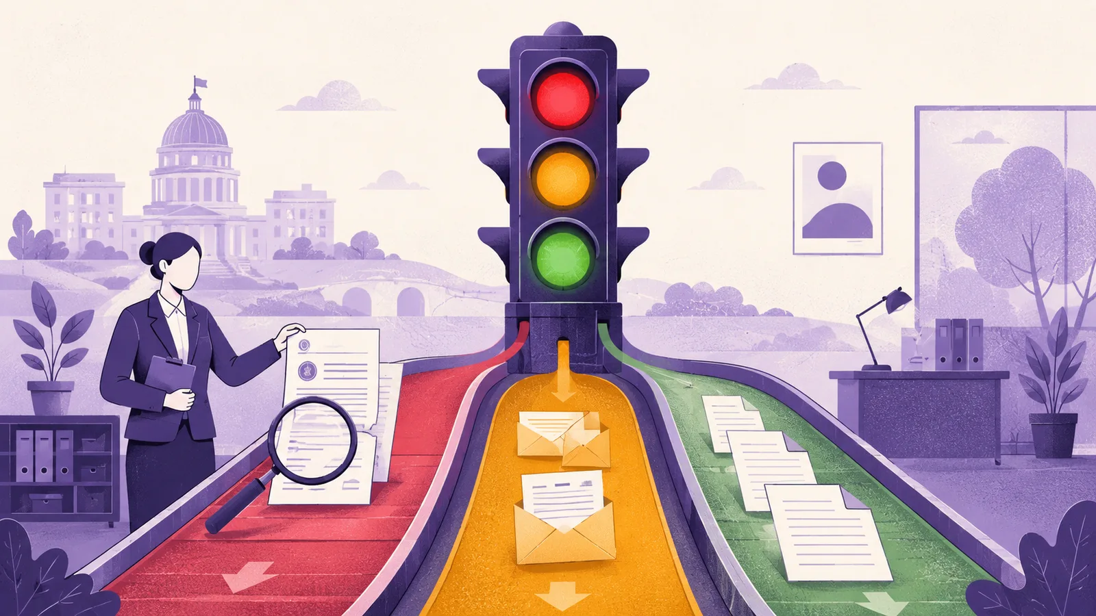 Illustration einer Ampel mit roter, gelber und grüner Phase, von der Straßen zu einer Sachbearbeiterin mit Prüfdokument, zu Briefumschlägen und zu einem Schreibtisch führen – Sinnbild für die drei Prüfstufen des Ampelmodells.