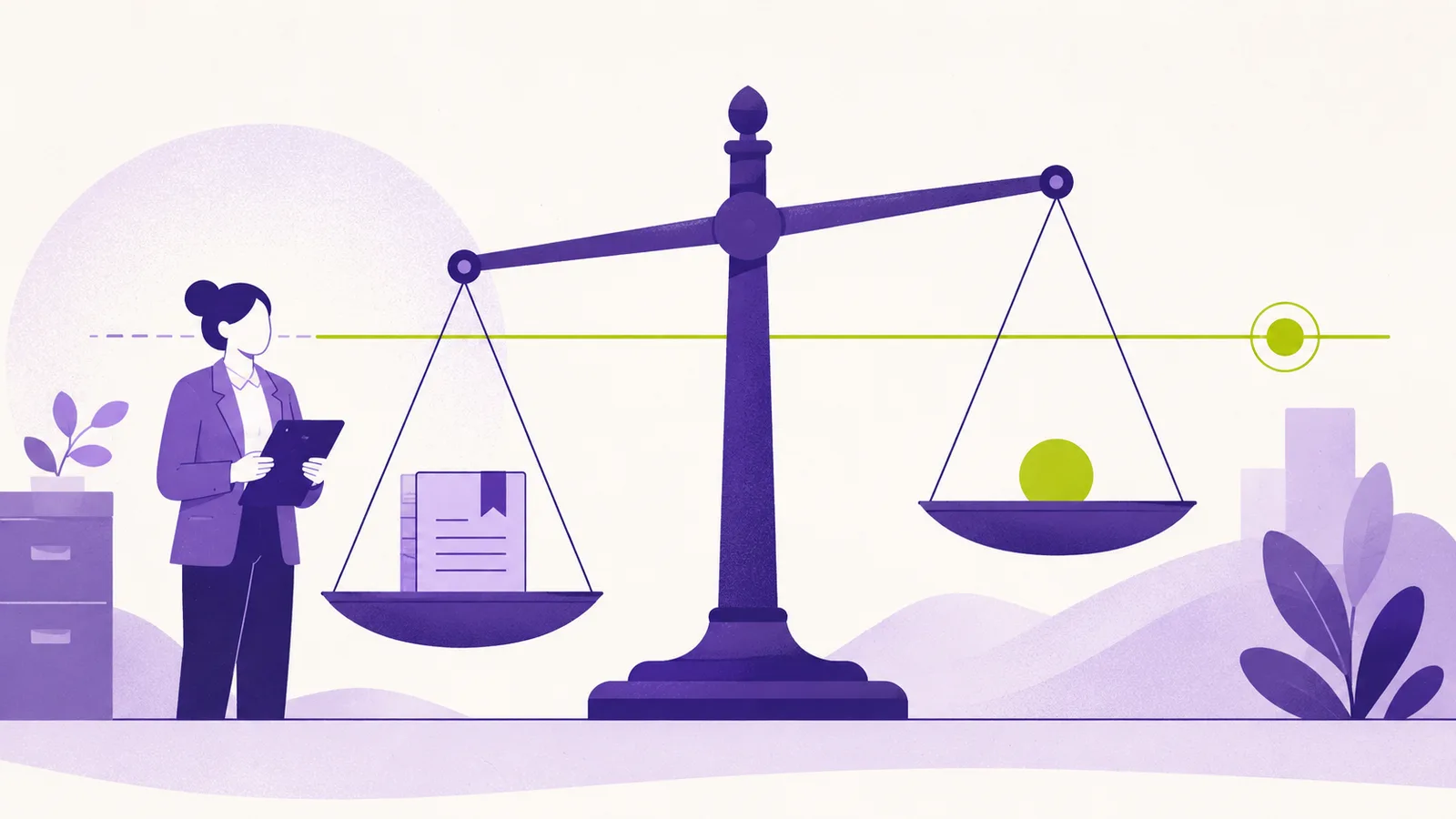 Illustration einer Waage: In der einen Schale liegt ein Vertragsdokument, in der anderen ein Wertsymbol; eine Sachbearbeiterin mit Klemmbrett prüft, auf welche Seite des Schwellenwerts die Beschaffung fällt.