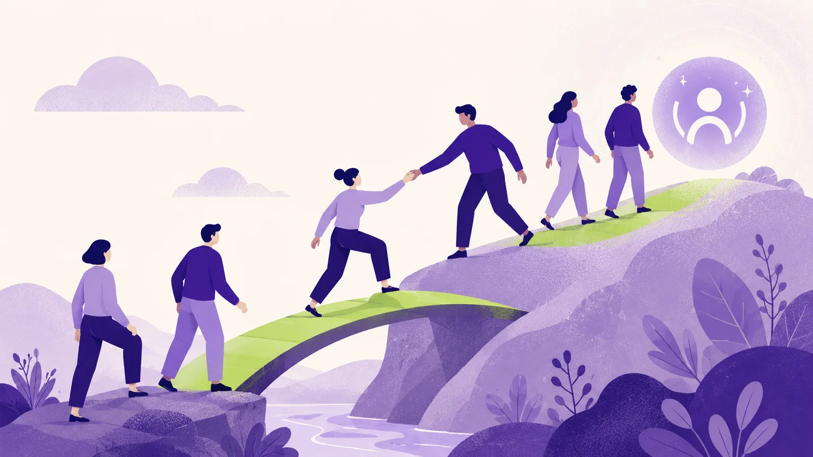 Illustration: Mehrere Mitarbeitende überqueren nacheinander eine grüne Brücke über eine Kluft, wobei sich zwei die Hand reichen – Sinnbild dafür, dass Akzeptanz für KI schrittweise und gegenseitig entsteht.