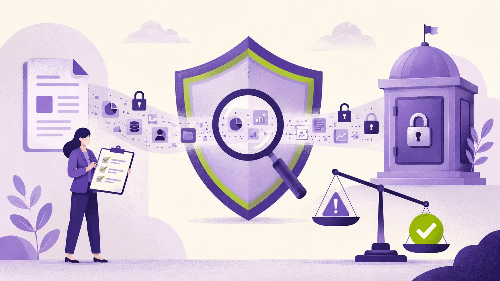 Illustration: Ein Schutzschild mit Lupe prüft Datenströme aus einem Dokument, bevor sie in einen gesicherten Tresor gelangen; eine Waage zeigt die Abwägung zwischen Warnsymbol und Freigabe.
