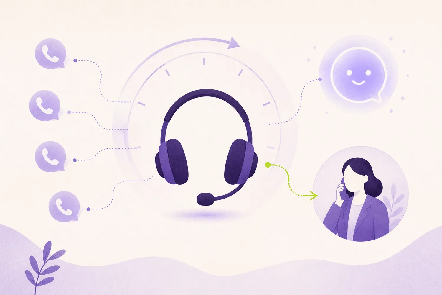 Illustration: ein KI-Telefonassistent nimmt eingehende Anrufe rund um die Uhr an und leitet nur komplexe Anliegen an Mitarbeitende weiter.