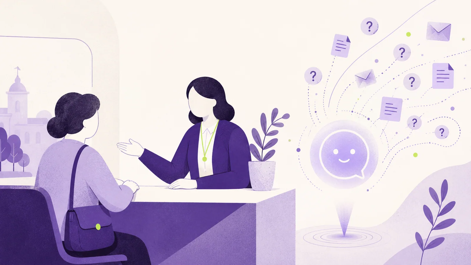 Illustration einer Bürgerberatung am Servicetresen, daneben ein KI-Chatbot, der wiederkehrende Anfragen abfängt.