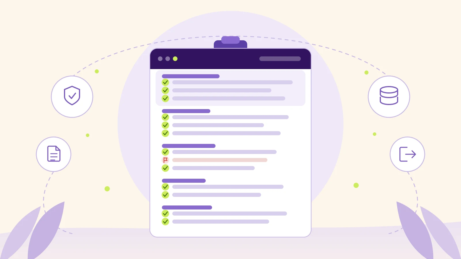 Illustration einer Checkliste auf einem Klemmbrett: fünf Themenblöcke mit dreizehn Prüfpunkten, überwiegend mit grünem Haken, einer mit rotem Warnsignal; ringsum Symbole für Datenschutz, Vertrag, Kosten und Ausstieg.