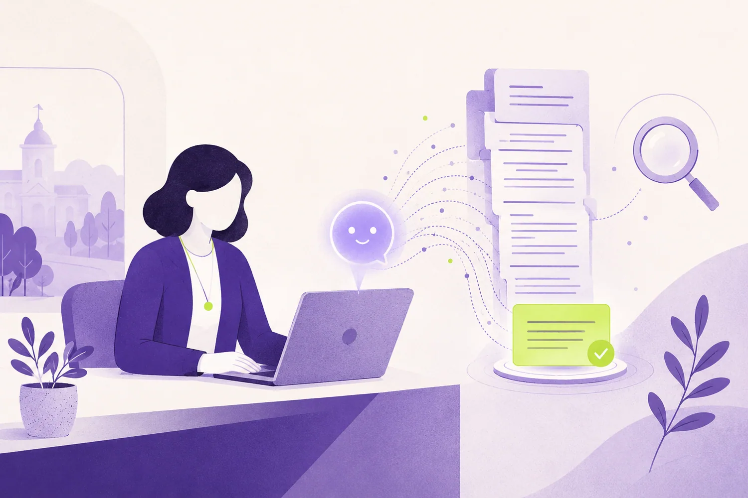 Illustration: eine Verwaltungsmitarbeiterin am Laptop, unterstützt von einem KI-Assistenten, der einen Dokumentenstapel durchsucht und zusammenfasst.