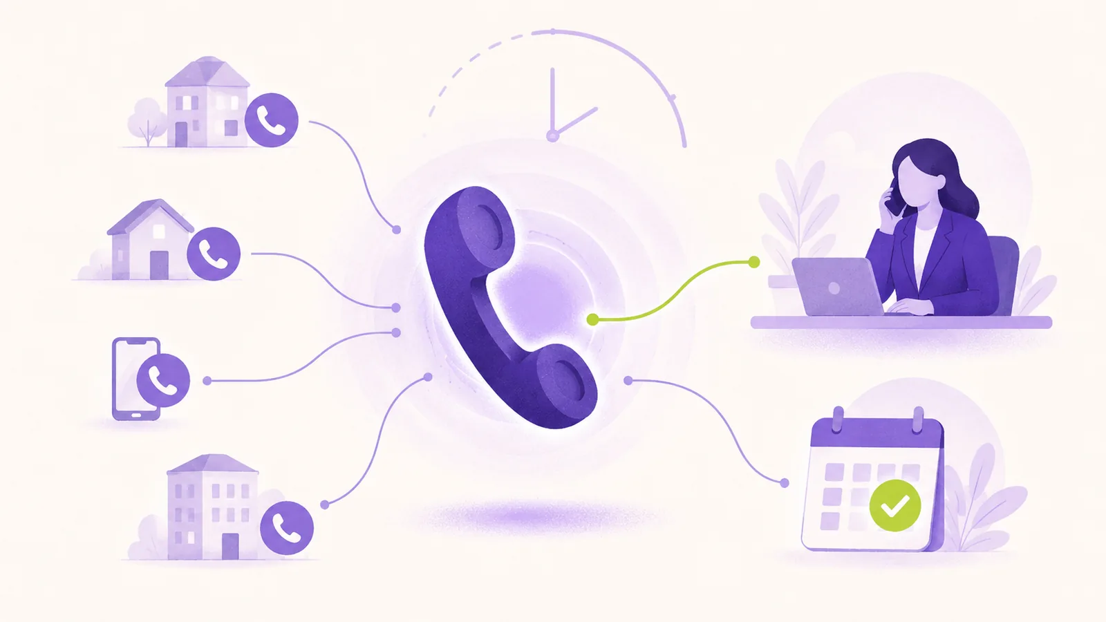 Illustration: Ein zentraler Telefonhörer verbindet rund um die Uhr zahlreiche Anrufende (Wohnhäuser, Smartphone) mit der Verwaltung – rechts eine Mitarbeiterin und ein Kalender mit Terminhaken für Weiterleitung und Terminbuchung.